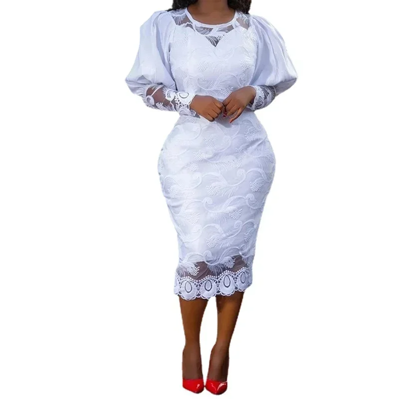 Vintage Curved Drill Lace White Pencil Dress - Ships in 24 Hrs