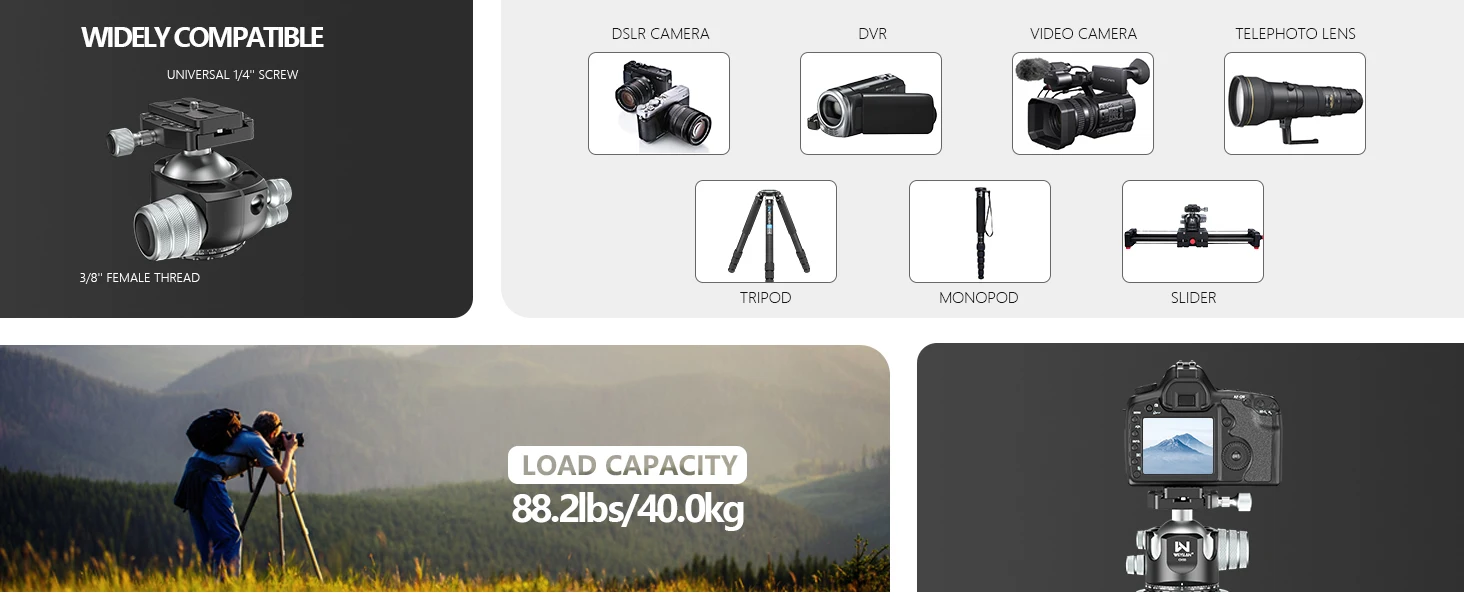 CH55 55mm Heavy Duty Ball Head 40kg Load Aluminum 360° Panoramic with Arca Swiss