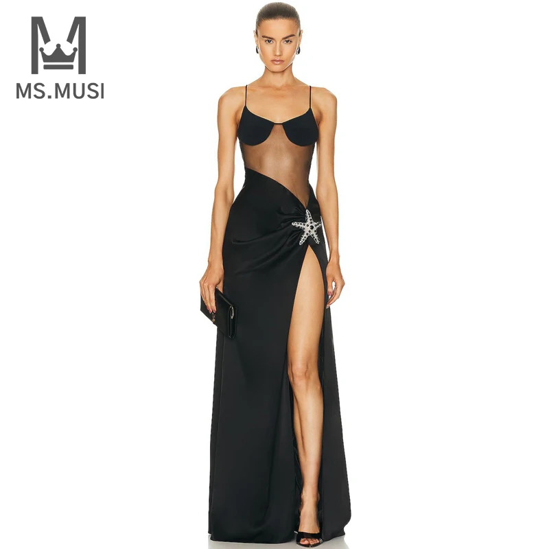 

MSMUSI 2023 New Fashion Women Sexy Strap Starfish Crystal Beading Lace Mesh Hollow Out Bodycon Party Club Slit Maxi Dress Gown