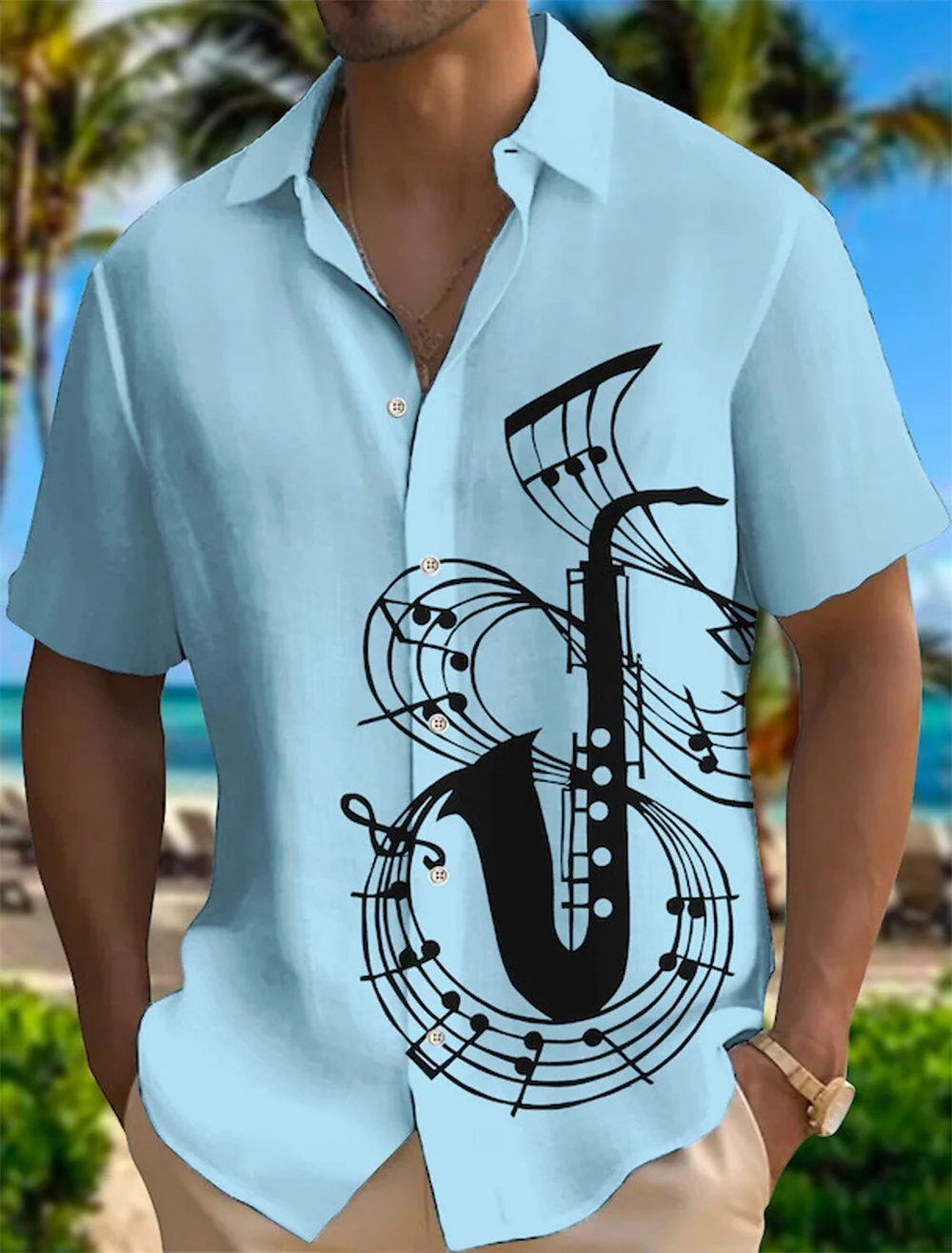 2024 New Beach Men's Short sleeved Music Print Polo Collar Button Shirt Outdoor Leisure Fashion Street Men's High Quality Top