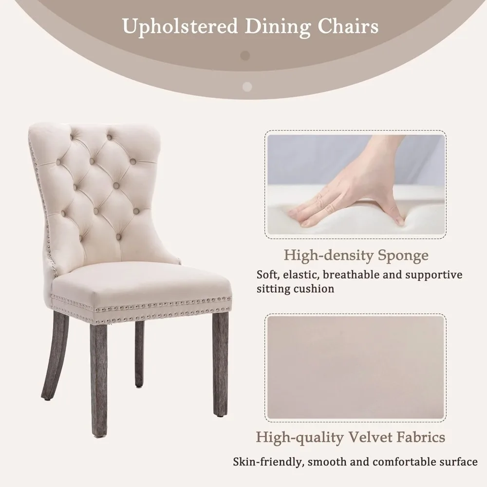Velvet Dining Chairs Set of 4, Upholstered High-end Tufted Dining Room Chair with Nailhead Back Ring Pull Trim Solid Wood Legs 4