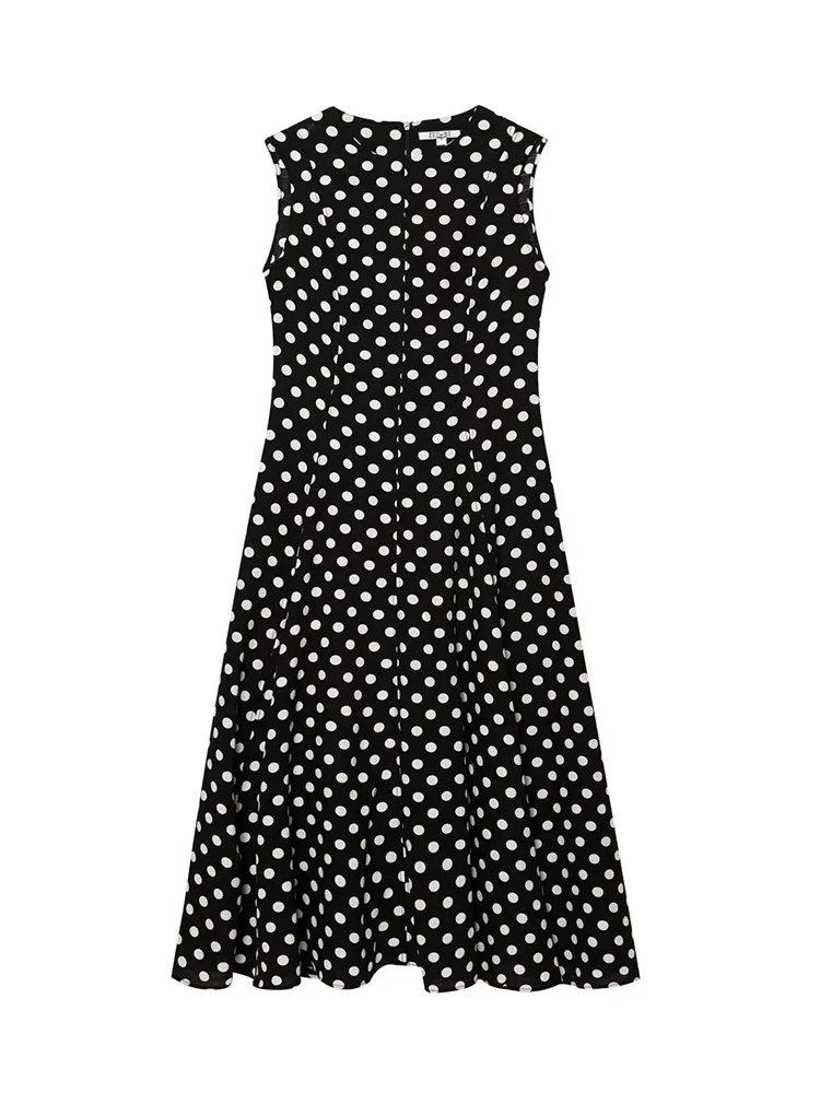 TFMLN Women's Chic Polka Dot Dress Elegant Sleeveless Round Neck A-line Party Clothing 2025 Ladies High Waist Commuting Dress