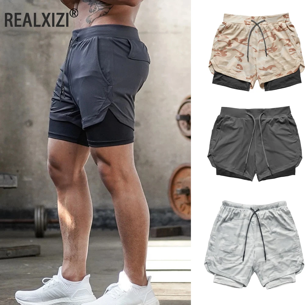 Short de sport pour hommes, Jogging, course à pied, respirant, exercice de Fitness, chemise Double couche, poche cachée, short de Camouflage décontracté