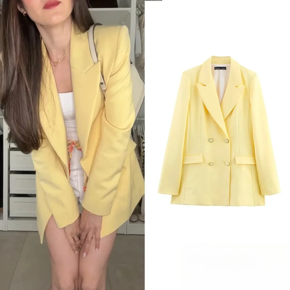 KONDALA Vintage Butter Yellow Oversized Blazer Double Buttons V Neck Loose Jackets Fashion 2025 Spring Summer Elegant Outwears