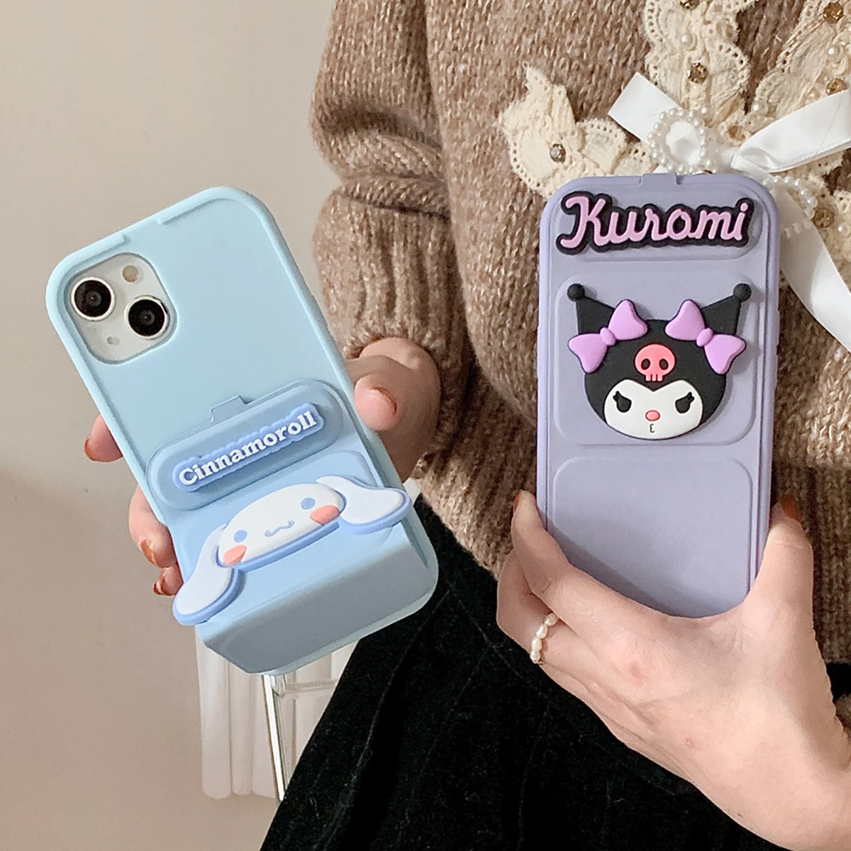 

Creative Cartoon Cute Solid Color 3D Back Covers For iPhone 11 12 13 14 15 Pro Max Can Slide Folding Leather Holder Phone Cases