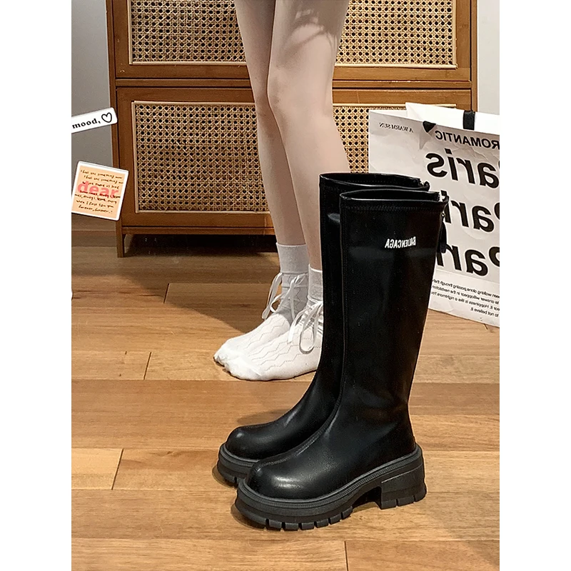 

Женская обувь на среднем каблуке, сапоги на молнии с круглым носком, женские ботфорты в Стиле Лолита, черные резиновые осенние однотонные базовые сапоги из искусственной кожи в римском стиле, 2023