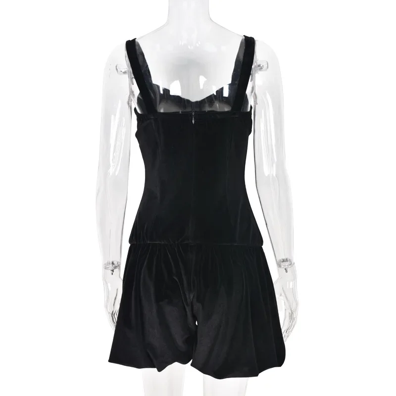 Black Velvet Playsuits Women Jumpsuit Spaghetti Strap Flocking With Buttons Rompers Fashion Elegant Sexy Party Outfits 2024 New