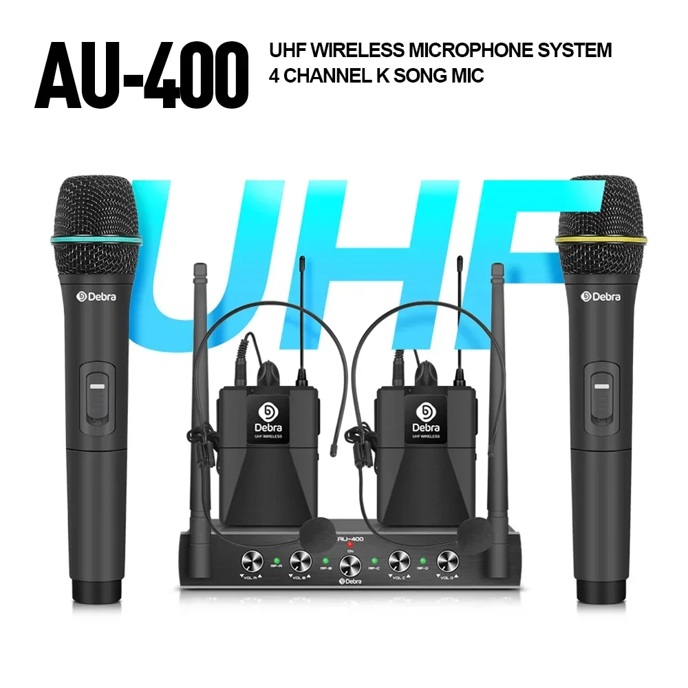 

Portable AU-400 UHF 4 Channel Mic Handheld/Bodypack Lavalier Headset Wireless Microphone System For Karaoke Church Stage Party