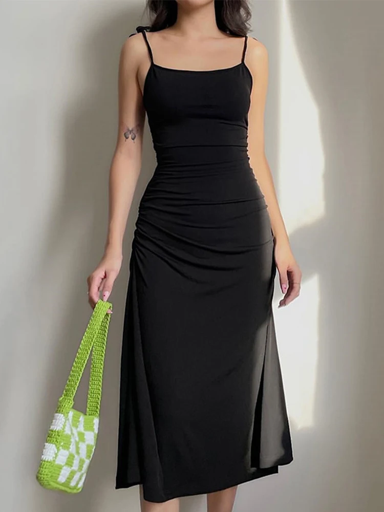 

Fashion Strappy Ruched Sexy Black Dress Irregular Elegant Backless Long Dress Party Summer Dresses Women 2022 Clothes