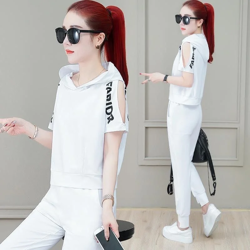 Women Hooded T-Shirt And Sports Pant Sets Female 2022 Summer New Korean  Fashion Temperament Thin Two Piece Suit Elegant White - AliExpress