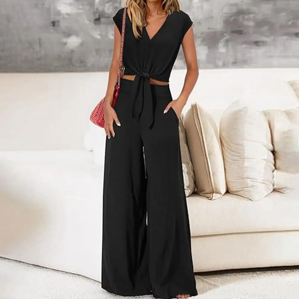 

Navel-baring Strappy Top Women Top Pants Suit Women's Lace-up Knot Top Wide Leg Pants Set for Ol Commute V Neck High Waist Solid