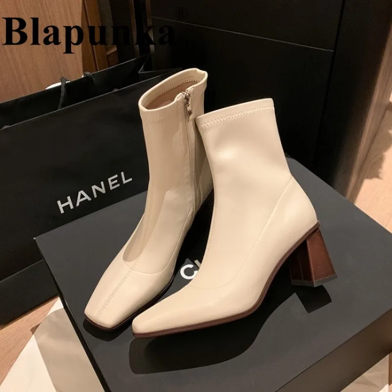 

Blapunka Women Stretch Fabric Ankle Boots Beige Square Toe Zipper Short Boots Autumn Woman Elegant Thick High Heeled Shoes Black