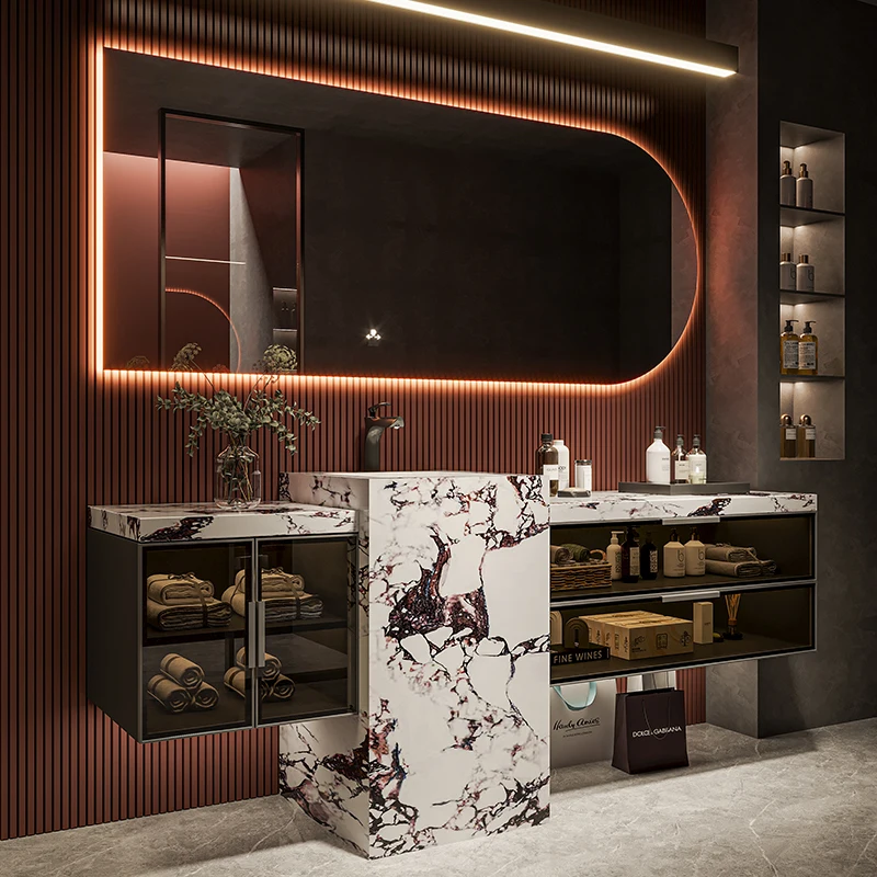 

Light luxury bathroom cabinet rock plate seamless one basin Ceramic toilet column wash basin wash table combination