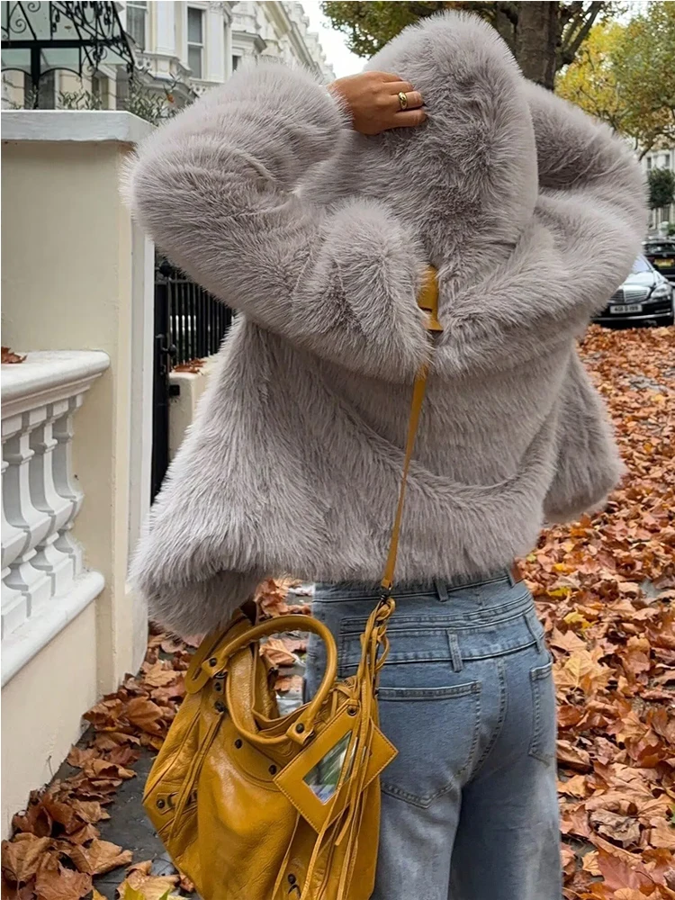 Hooded Faux Fur Jacket Women Autumn Winter Warm Casual Loose Fur Lapel Coat 2025 New Fashion Elegant Ladies New Outerwear ﻿ ﻿
