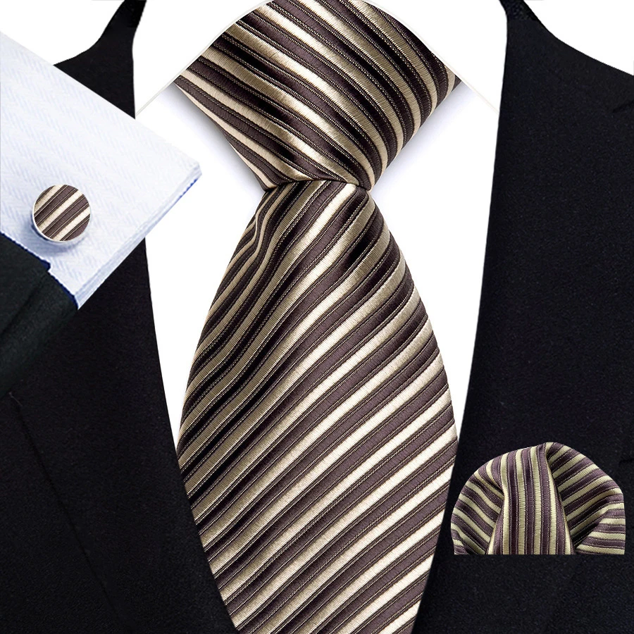 Herren Krawatten Taschentuch Manschettenknöpfe Set Smoking Zubehör Luxus Braun Streifen Dot Floral Krawatten Für Party Abendessen Hochzeit – Detail 4