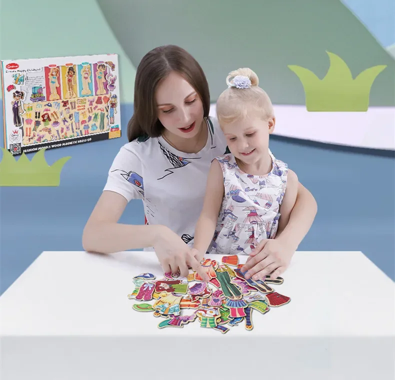 [Funny] 69pcs/set Wooden puzzle magnetic Cute Girl Dress Changing play house Toys kid's early education toys baby birthday gift 3