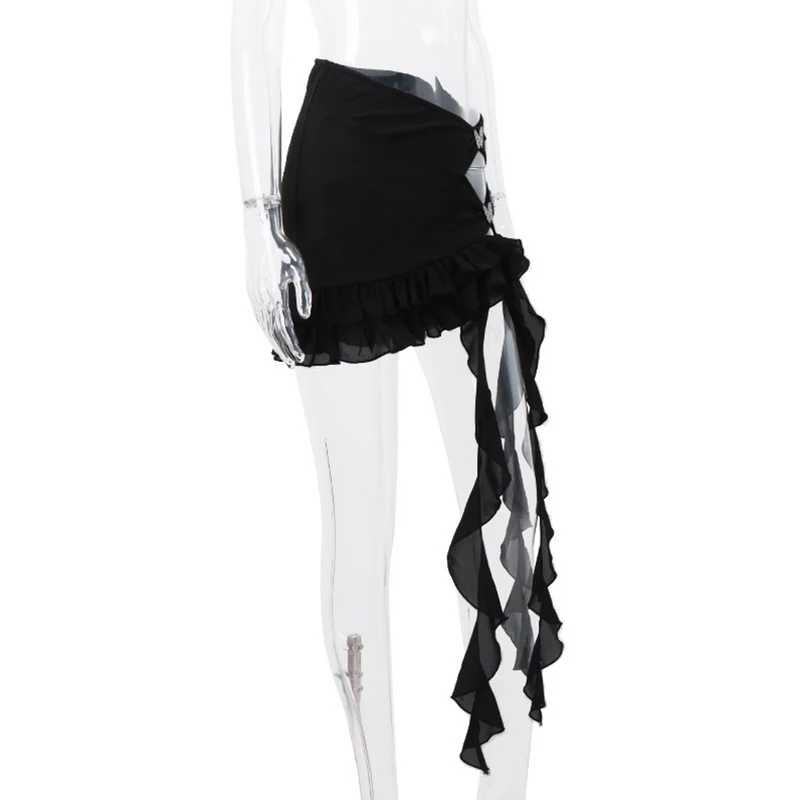 y2k Skirt Women Coquette Clothes Solid Color Low Waist Butterfly Ruffle Trim Mini Skirt 2000s Party Skirts Streetwear _