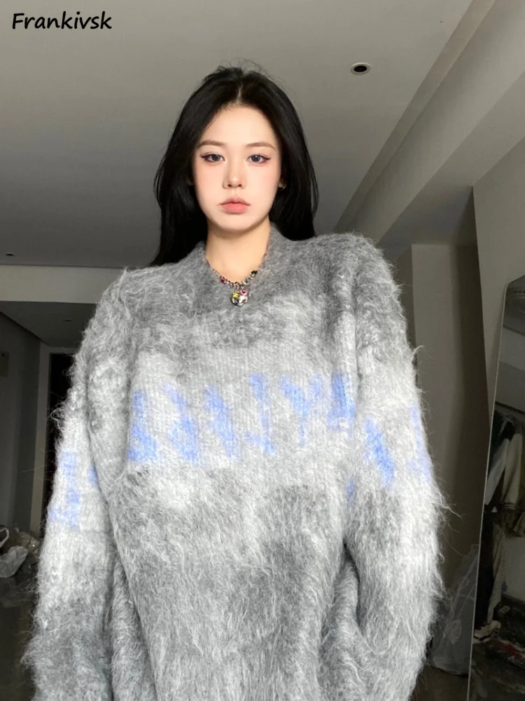 

Women Pullovers American Retro Fashion Warm All-match Contrast Color Letter Round Neck Baggy Simple Daily Comfortable Streetwear