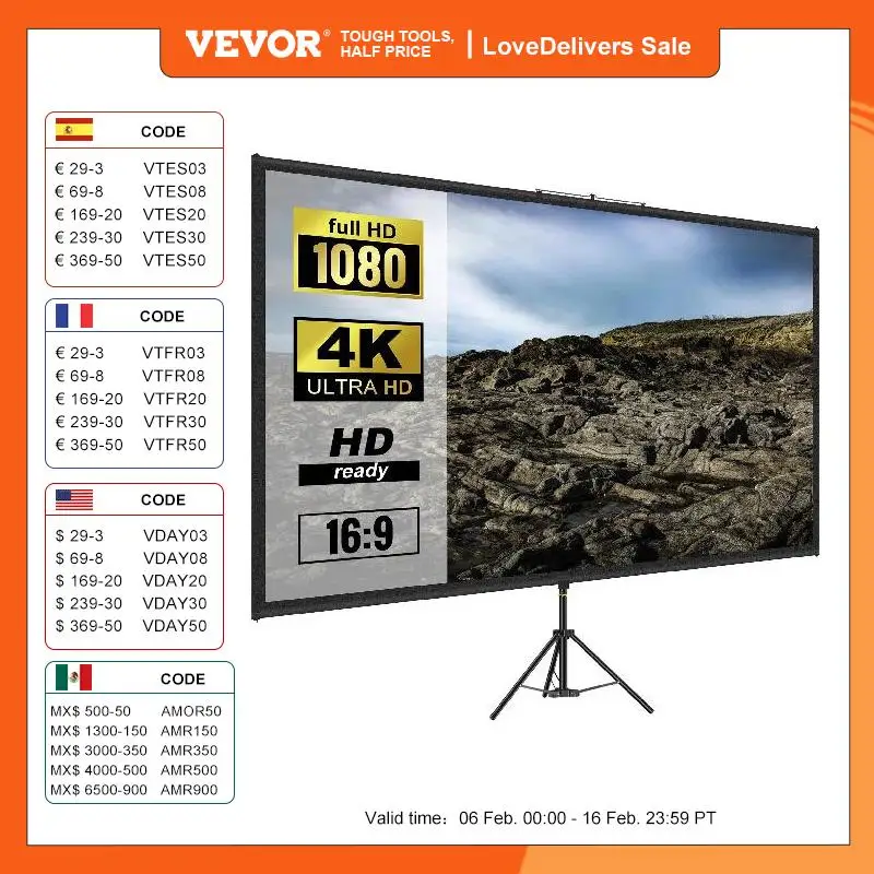 Vevor Schermo Cinematografico Per Esterni, 177,8Cm Schermo Per Proiettore, Hd 16:9 Schermo Del Proiettore Portatile Con Supporto Treppiede In Allumini