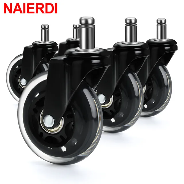 NAIERDI 5PCS Office Chair Caster Wheels 3 Inch Swivel Rubber Caster Wheels Replacement Soft Safe Rollers Furniture Hardware 1