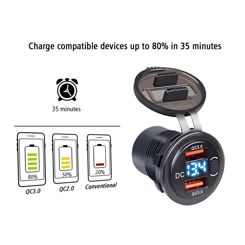 듀얼 Qc3.0 차량용 충전기 담배 라이터 소켓 전압계 스위치가있는 방수 Usb 고속 충전 12/24V 빠른 충전 어댑터