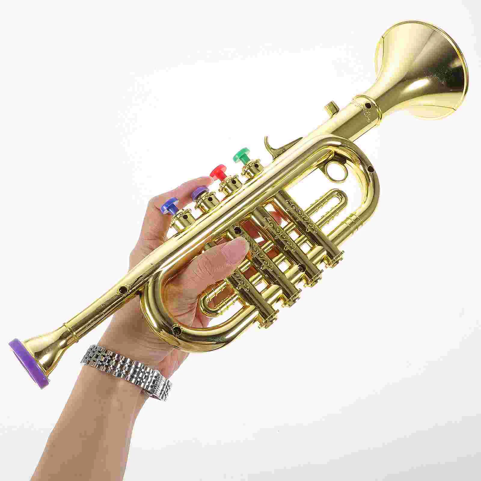 Trompeta de juguete educativo Musical para niños, instrumentos de viento  ABS, Trompeta dorada metálica con 4 Teclas de colores para niños -  AliExpress