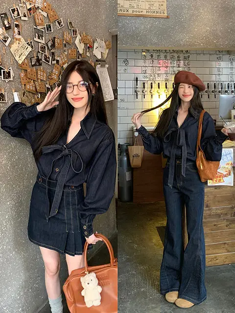 Korean Fashion Shirt Skirt Trousers Polo Collar Bow Lace Up Loose Casual Denim Long-Sleeved Shirt Women A-Line Skirt Suit y2k women streetwear vintage high waisted jeans wide leg baggy jeans strap mom jeans denim trousers fairy grunge alt pants