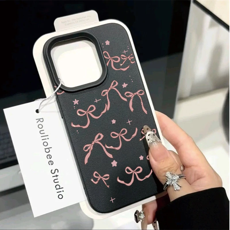 Leather Cute Pink Star Bow Pattern Phone Case Cover