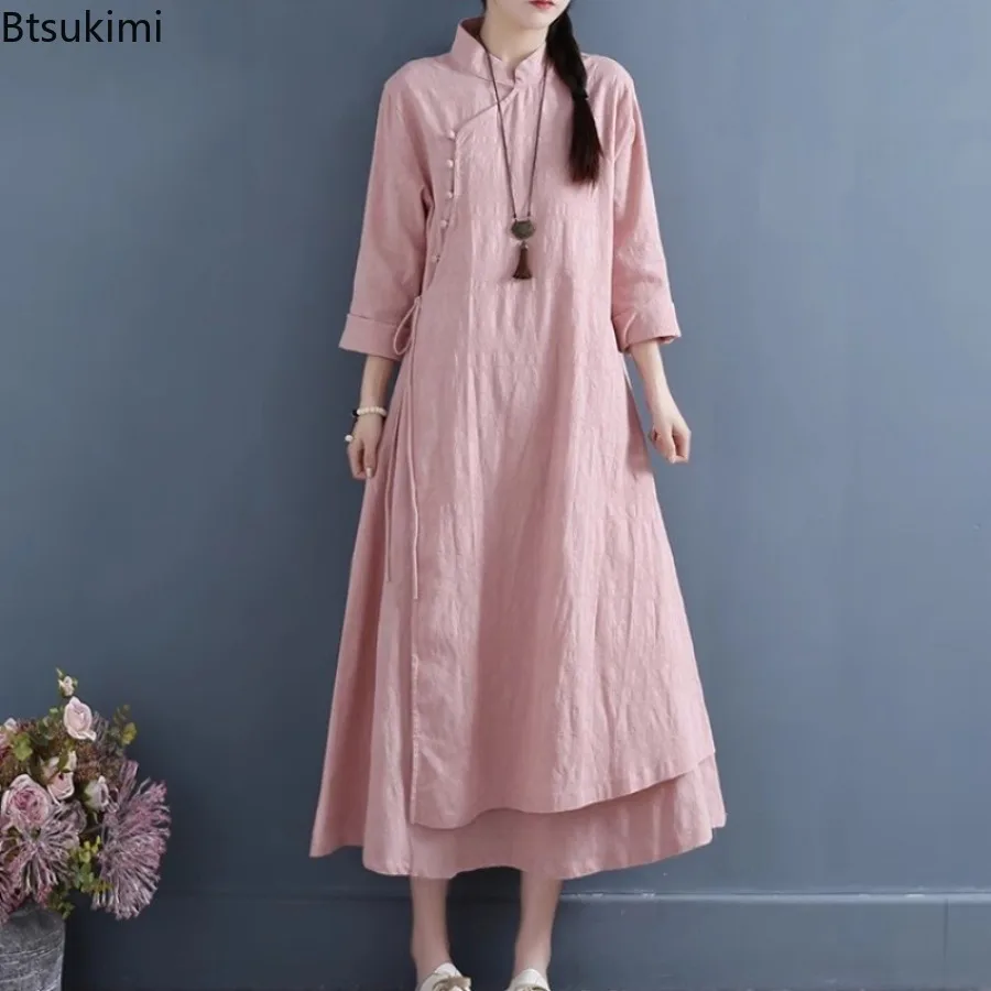 

Новинка весны, платье в китайском стиле для женщин, модная винтажная длинная юбка с воротником-стойкой и длинными рукавами из хлопка и льна, элегантная женская юбка Hanfu