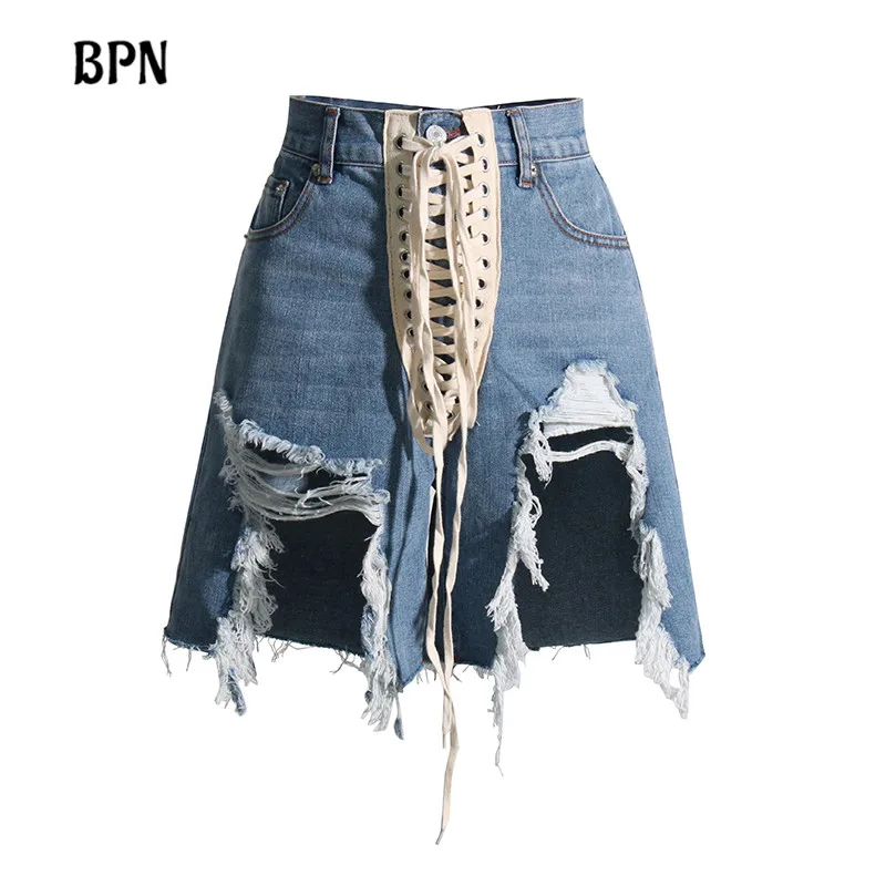 

BPN Fashion Patchwork Bandage Shorts For Women High Waist Hit Color Spliced Raw Hem Casual Short Jeans Female Summer Clothes New