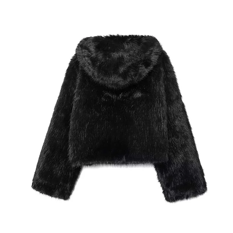 2025 Winter Faux Fur Jacket Fashion Long Sleeve Hooded Cropped Jackets For Women Fluffy Coat High Street Casual New Outerwear