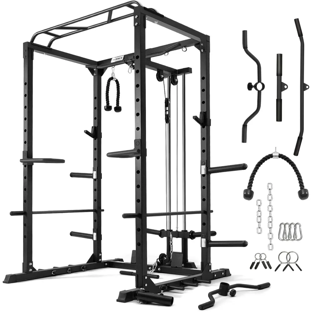 All-in-One Squat Rack for Home Gym, PPC02C Multi-Function 1000 LBS Capacity Power Cage with LAT Pulldown, Pulley System，Dip Bar