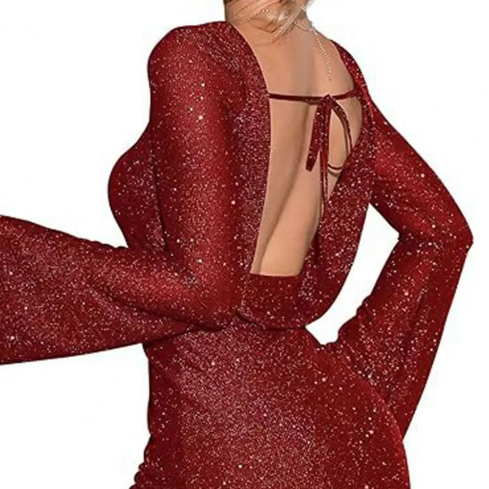 

Sexy Women Party Dress Shiny Sequin Long Horn Sleeve Lace Up Backless Slim Sheath Club Prom Mini Dress