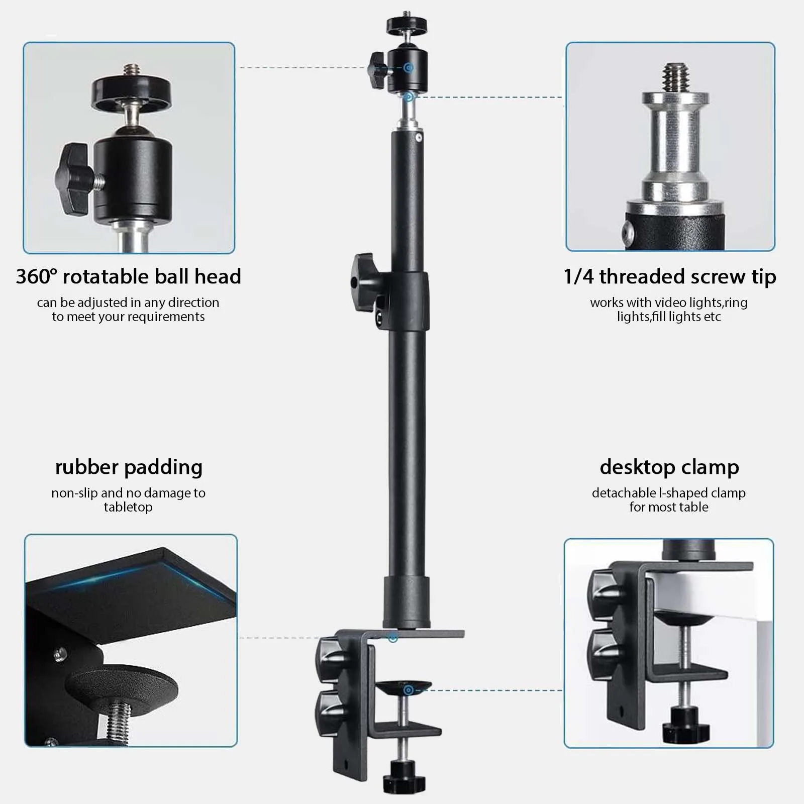 Desk Mount Stand DSLR Camera C Clamp Light Stand Photographic Light Boom Ball Head for Phone Video Ring Zoom
