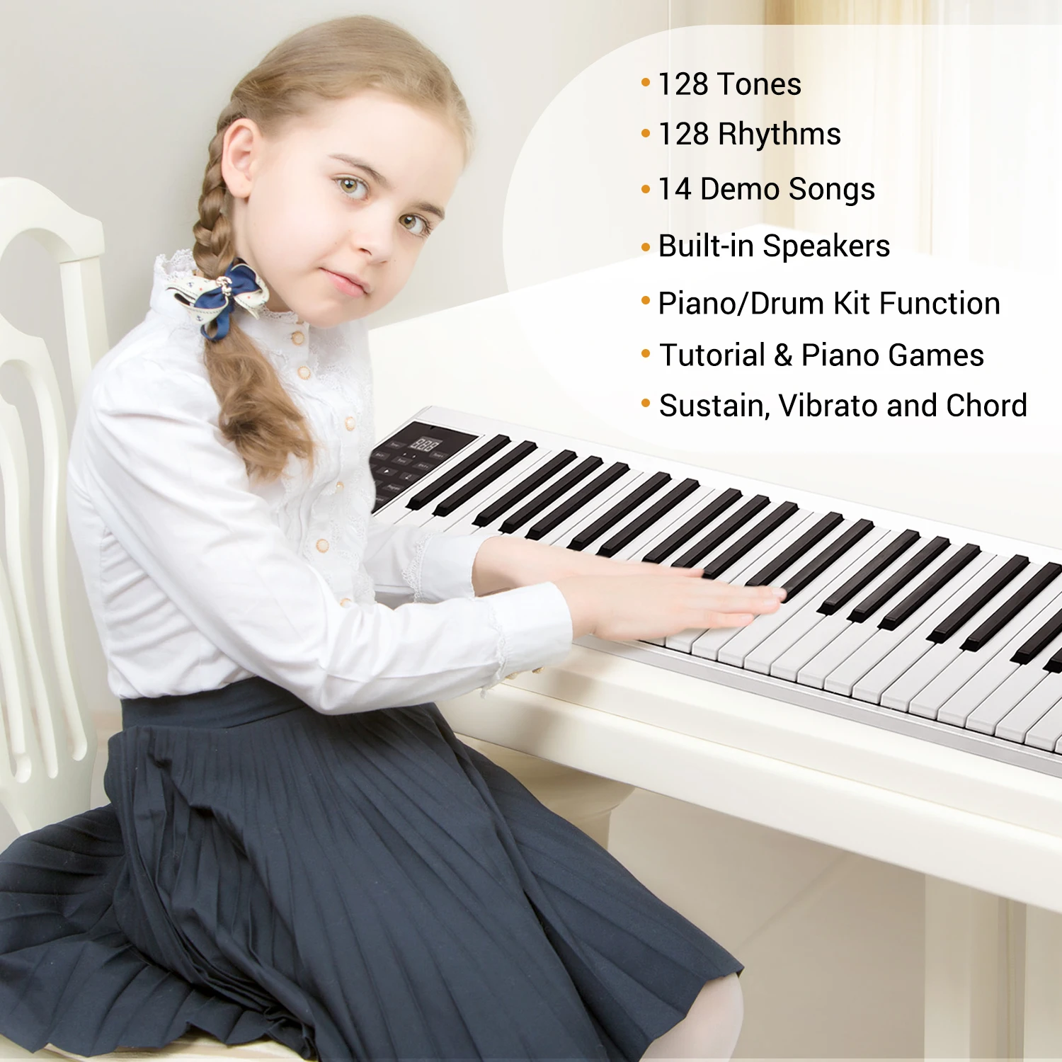 

61 Keys Digital Electronic Piano Keyboard MIDI Output 128 Tones 128 Rhythms 14 Demo Songs Recording Programming Playback
