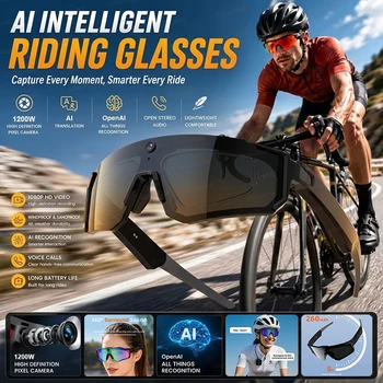 Occhiali Smart AI per Ciclismo Outdoor con Fotocamera, Registrazione Video 1200P, Riprese Anti-Vibrazione, Traduzione Vocale AI, Occhiali Antivento