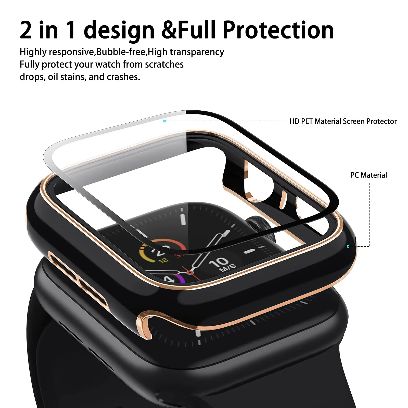 Premium Tempered Glass Screen Protector with PC Bumper Case for Apple Watch - Full Coverage Series 6/5/4/3/2/SE