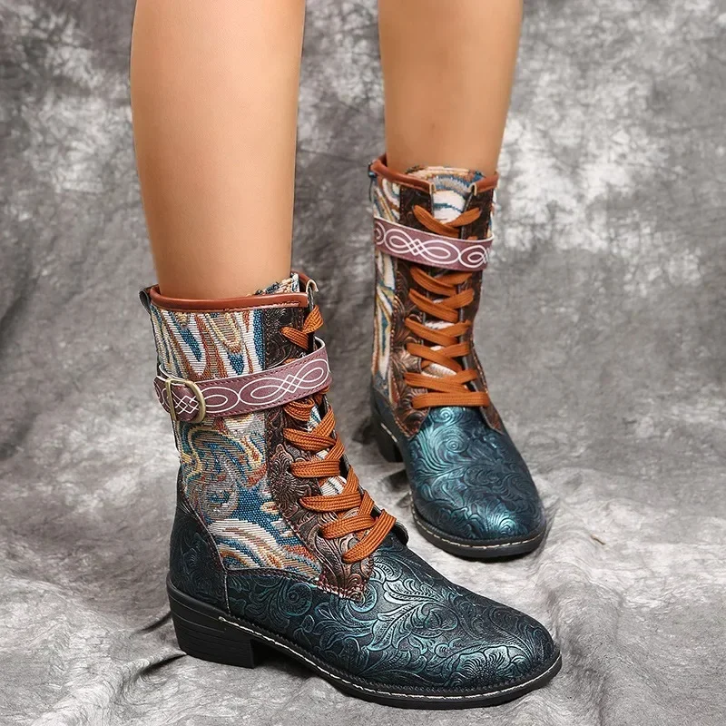 Women's Winter Boots Embossed Splicing Pattern Mid Calf Boots Ethnic Non-slip Lace-up Warm Plush Women Shoes Flats Short Boots