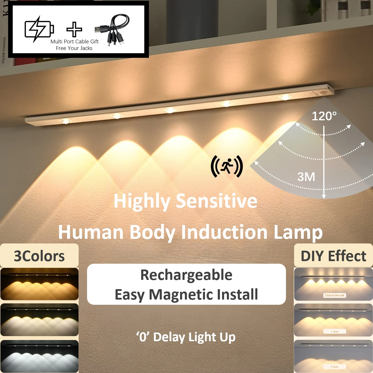 3Colors Superthin Rechargeable Motion Sensor Intelligent LED Under Cabinet Smart Night Light Closets Kitchen Stairs Cabinets cabinet light