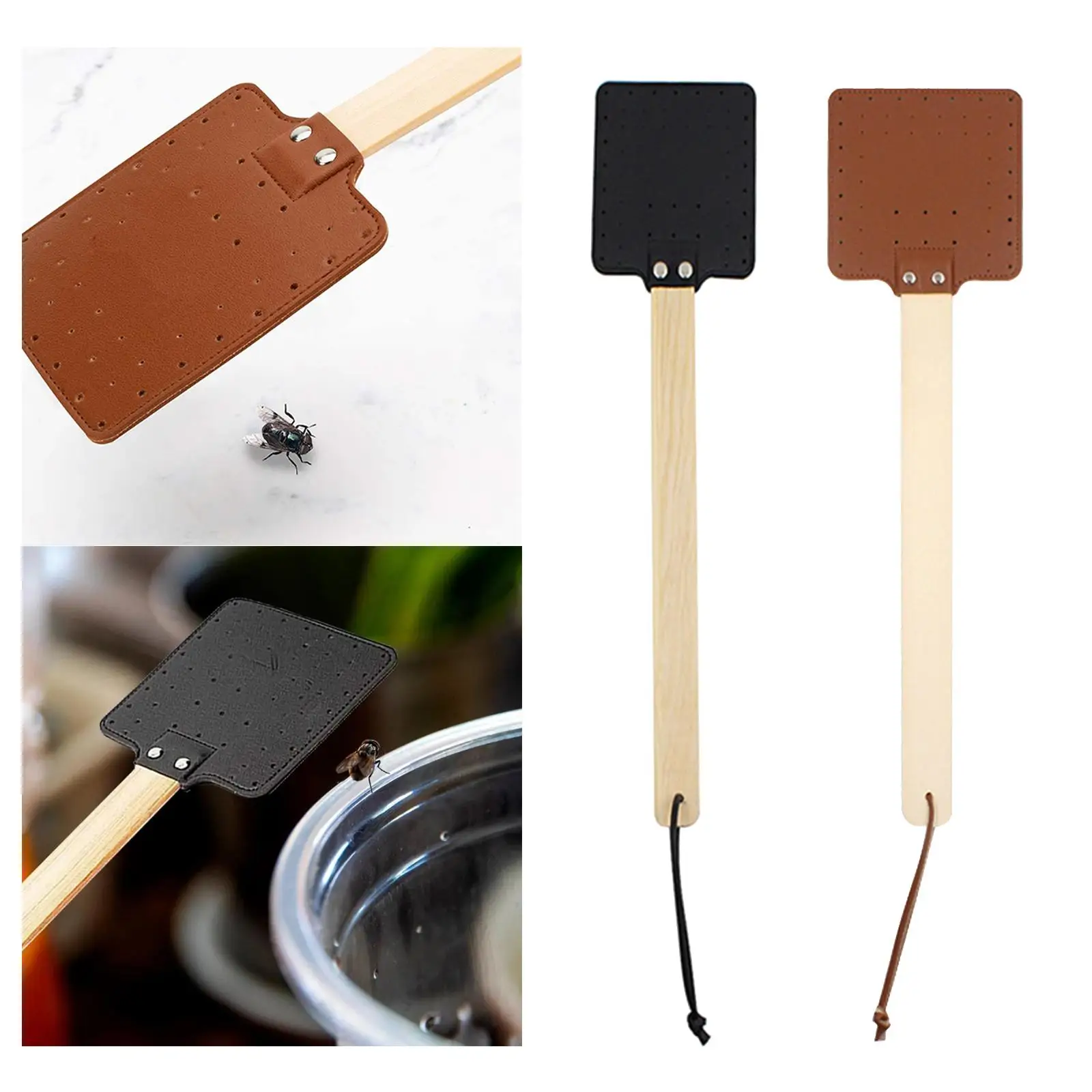 Heavy Duty Fly Swatter Wooden Handle PU Leather Swatter for Household Outdoor Indoor