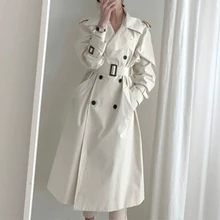 

Suit Collar Mid-Length British Overcoat Woman Casual Belt Double Women Breasted Trench Coat Fashion Loose Long Sleeve Top Ladies