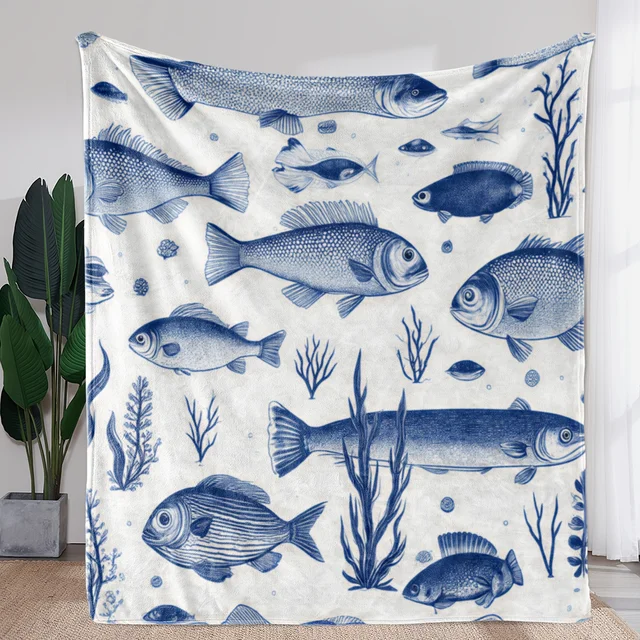 Blue Fish Print Blanket 1