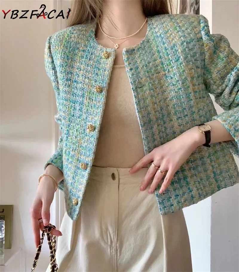 

Женское твидовое зимнее пальто, роскошная синяя куртка в Корейском стиле с круглым вырезом и длинным рукавом, шерстяное плетеное пальто, маленькая куртка в клетку, Новинка