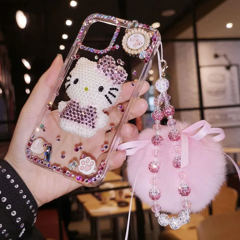 

Hello Kitty 3D Luxury Rhinestone with Lanyard Phone Cases For iPhone 15 14 13 12 11 14 Pro Max Mini XS MAX X SE 2020 Back Cover