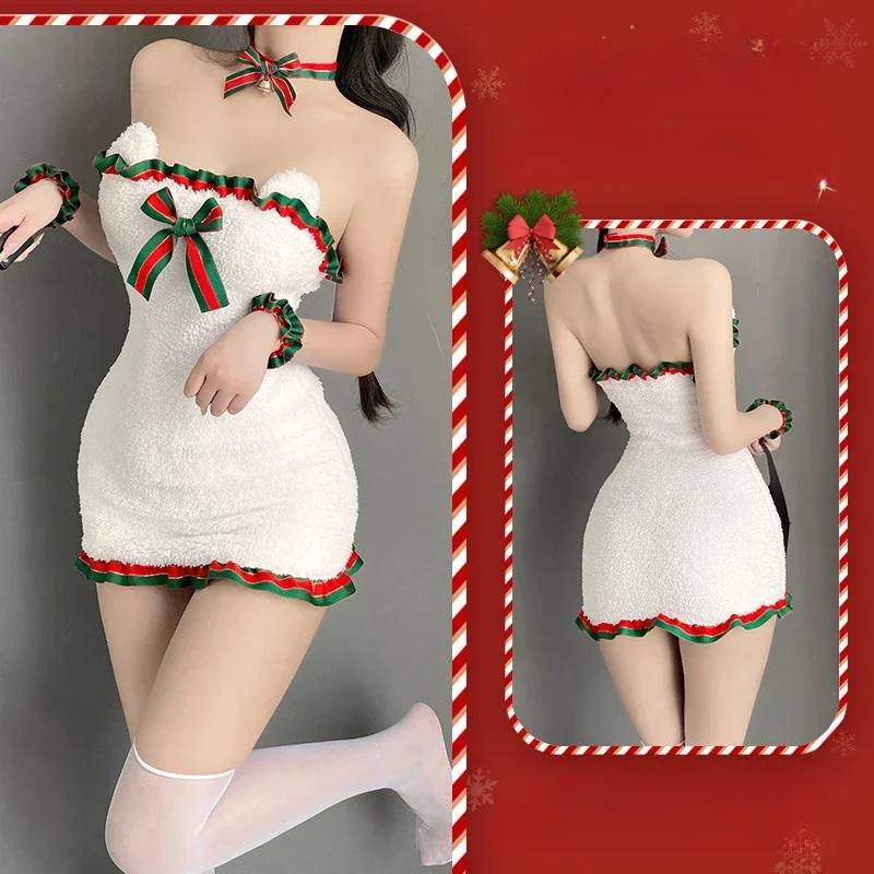 Christmas Sexy Plush Bunny Girl Uniform Cosplay Sexy Costumes Velvet New Year Red Dress Nightdress Role Play Outfits Underwear