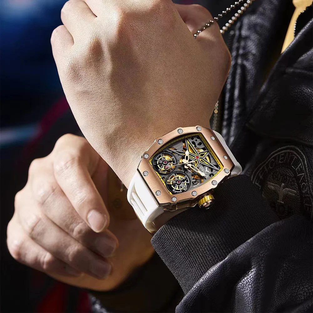 Luxury Automatic Watch Men Sport Casual Rubber Strap Fashion Decorative Double Tourbillon Mechanical Wristwatch Man