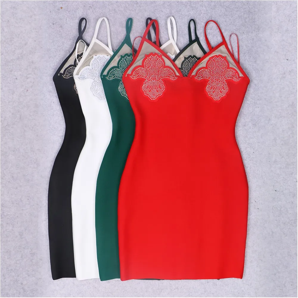 

Red New Style Sleeveless Slim Bandage Dress Rayon Elegant Diamond Inlay V Camisole Bodycon Fashion Mini Evening Party Dress