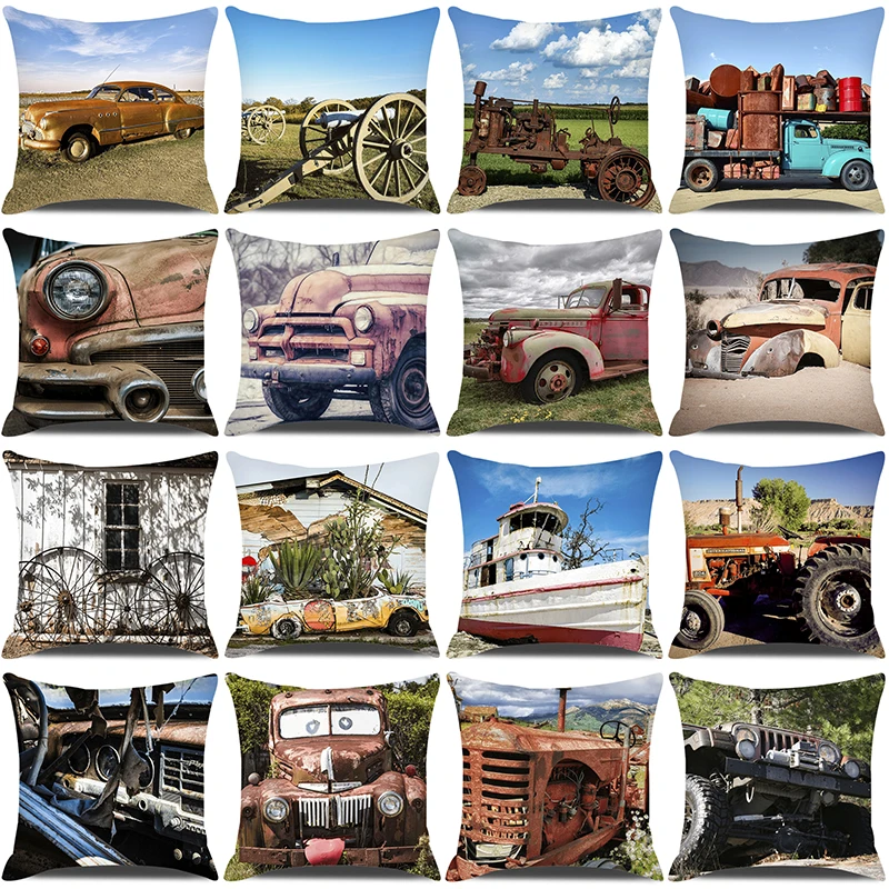 Industrial Retro Style Decorative Pillow Cover Scrap Car Pickup Printed Pillow Case Personalized Home Decor Seat Cushion Covers