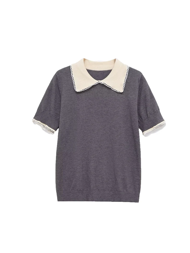 Fashion Knitted Short Sweaters For Women Casual Short Sleeve Pullover Tops Spring Summer Turn Down Collar Knitwears Top Women