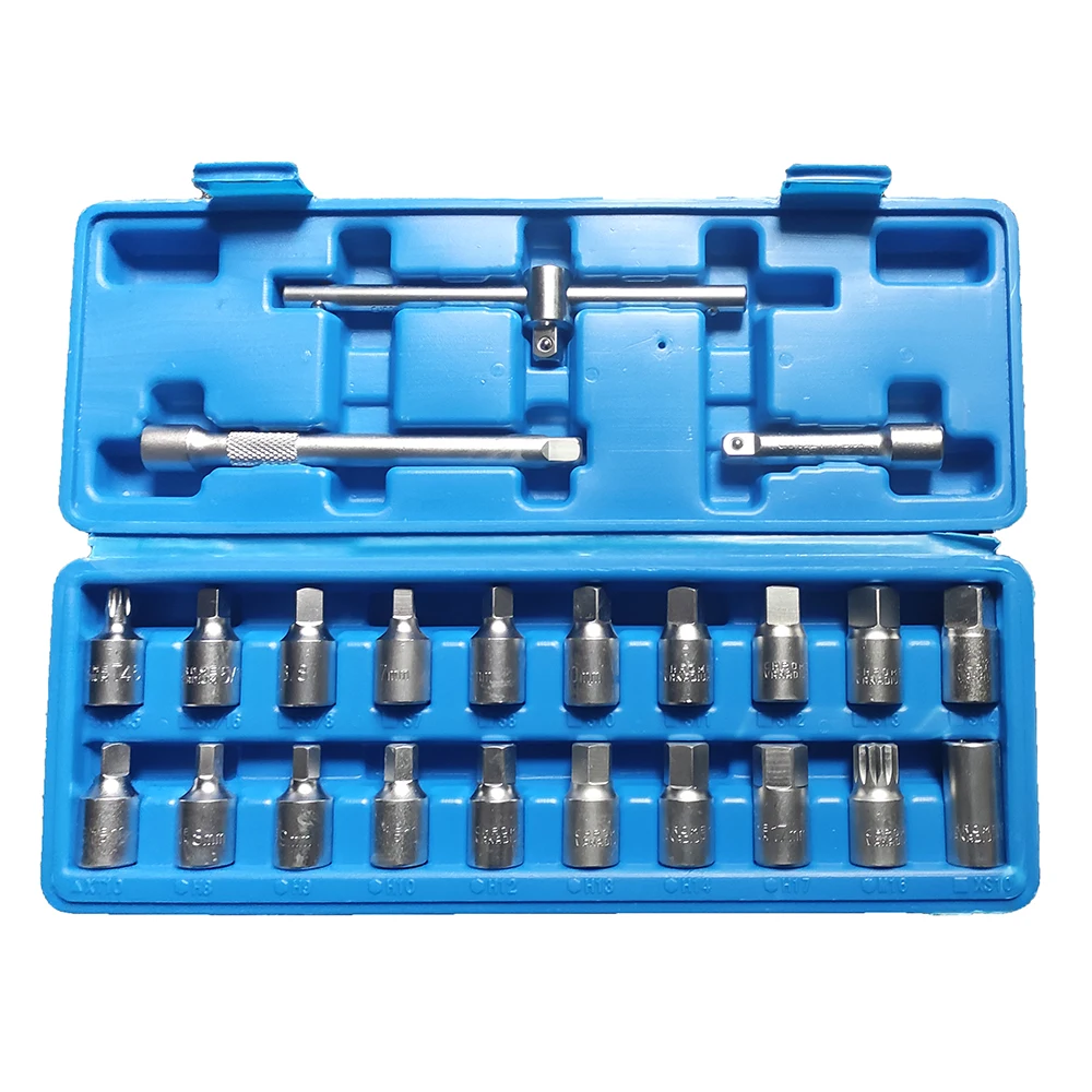 new 23pcs Oil Drain Plug Removal Tool Key Set Square Hexagon Socket Kit Nut Adaptor Tool new 11pc nut extractor metric high hardness machine tool set wear and tear nut removal tool